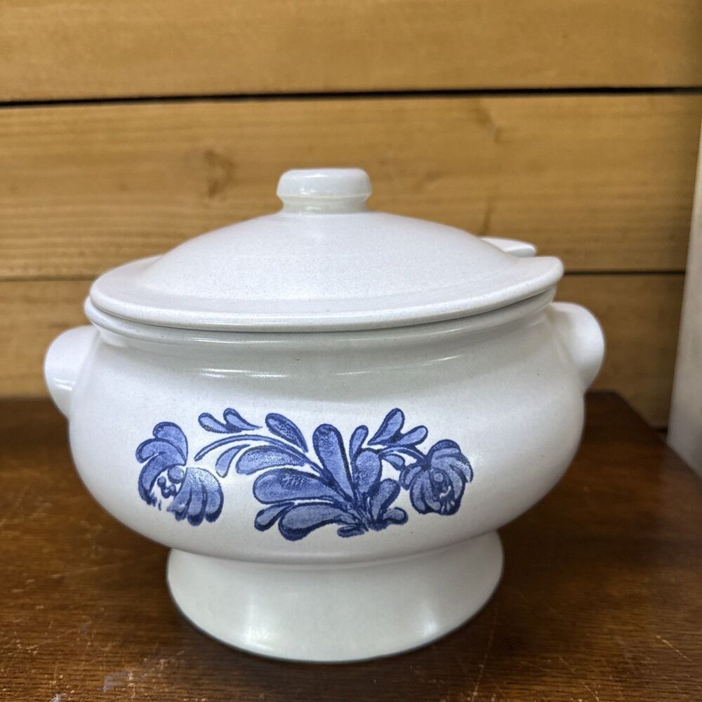 Vintage Stoneware Soup Tureen Blue Floral Folk Art Casserole Dish with Lid